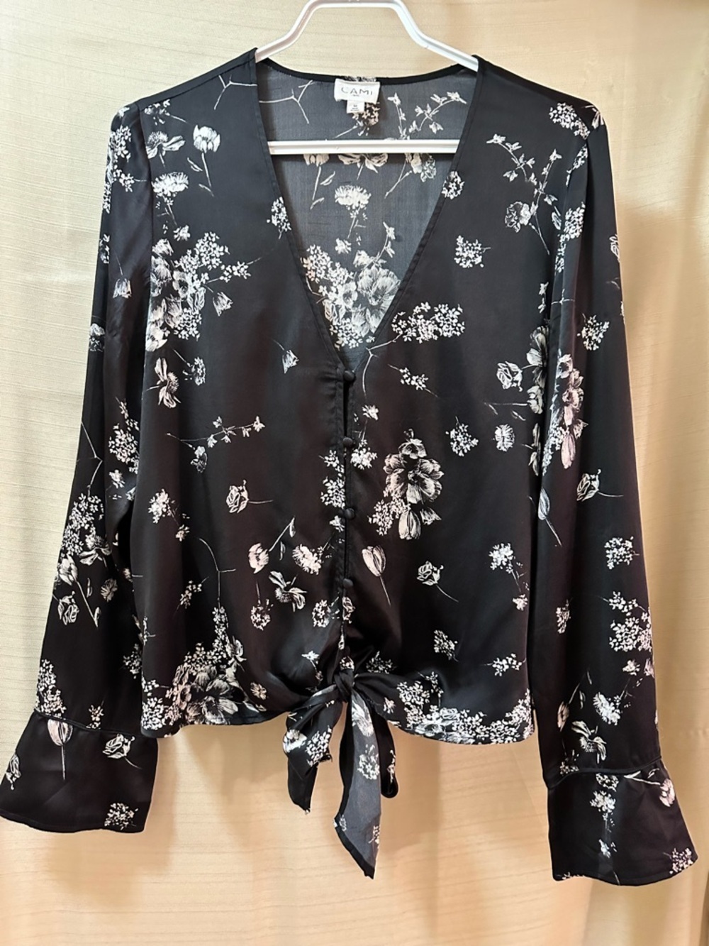 Cami NYC 100% Silk Floral Tie Front Blouse Medium Black Romantic Boho Top